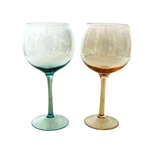 Vintage Wine Goblet Blown Glass Empoli MCM Italian Art Glass Pink and Blue Set